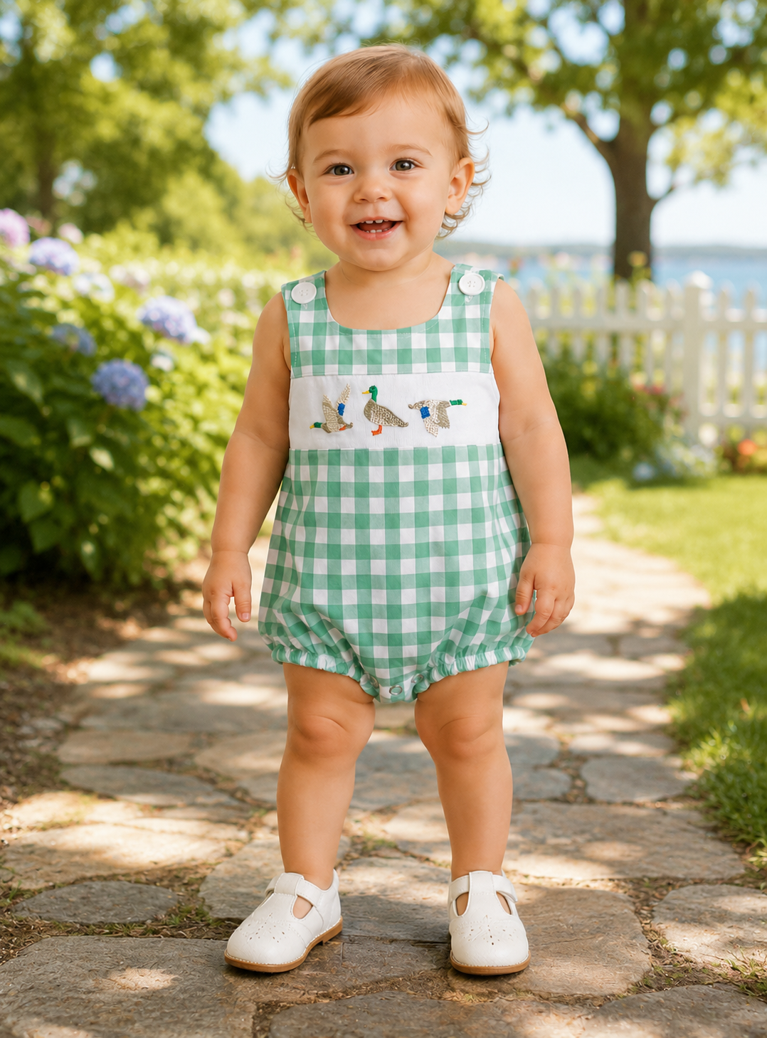 Green Gingham Duck Romper